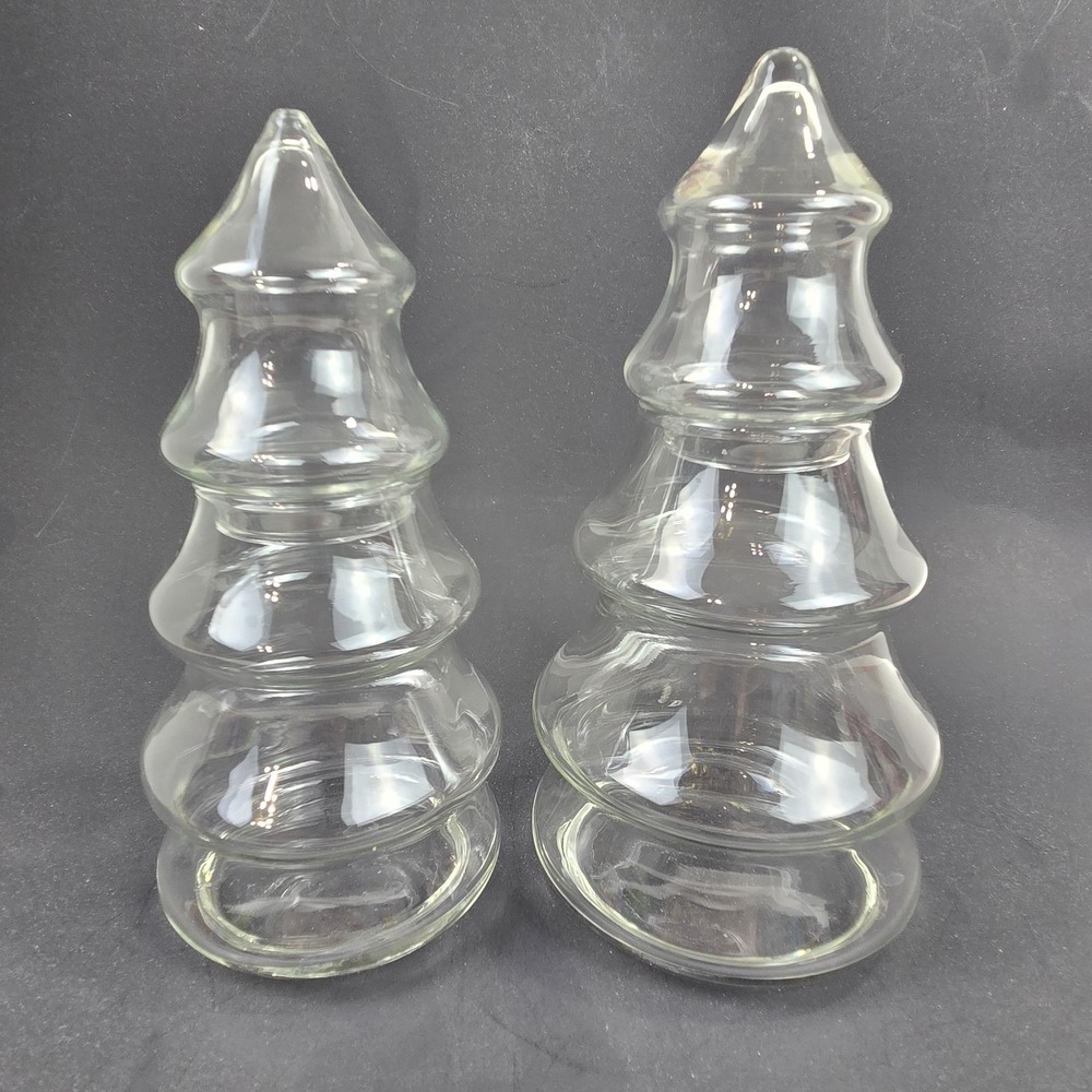 2 Vtg Libbey Clear Glass 5 Tier Christmas Tree Apothecary Jars 8.5" & 7.75" USA